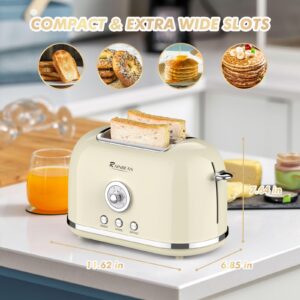 Toaster 2 Slice Retro Toaster Stainless Steel with 6 Bread Shade Settings and Bagel Cancel Defrost Reheat Function, Cute Bread Toaster with Extra Wide Slot and Removable Crumb Tray (Cream)