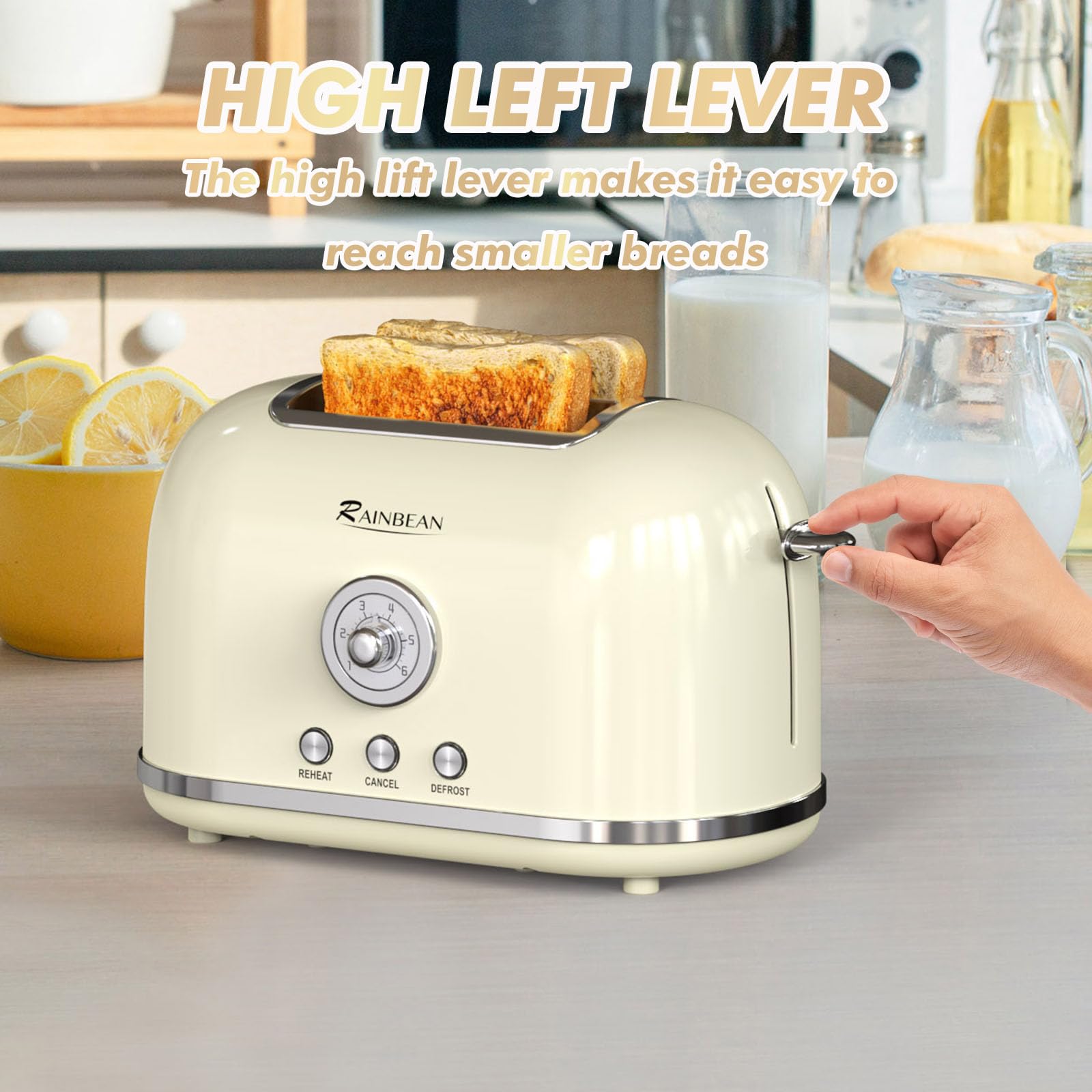 Toaster 2 Slice Retro Toaster Stainless Steel with 6 Bread Shade Settings and Bagel Cancel Defrost Reheat Function, Cute Bread Toaster with Extra Wide Slot and Removable Crumb Tray (Cream)