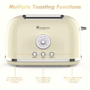 Toaster 2 Slice Retro Toaster Stainless Steel with 6 Bread Shade Settings and Bagel Cancel Defrost Reheat Function, Cute Bread Toaster with Extra Wide Slot and Removable Crumb Tray (Cream)