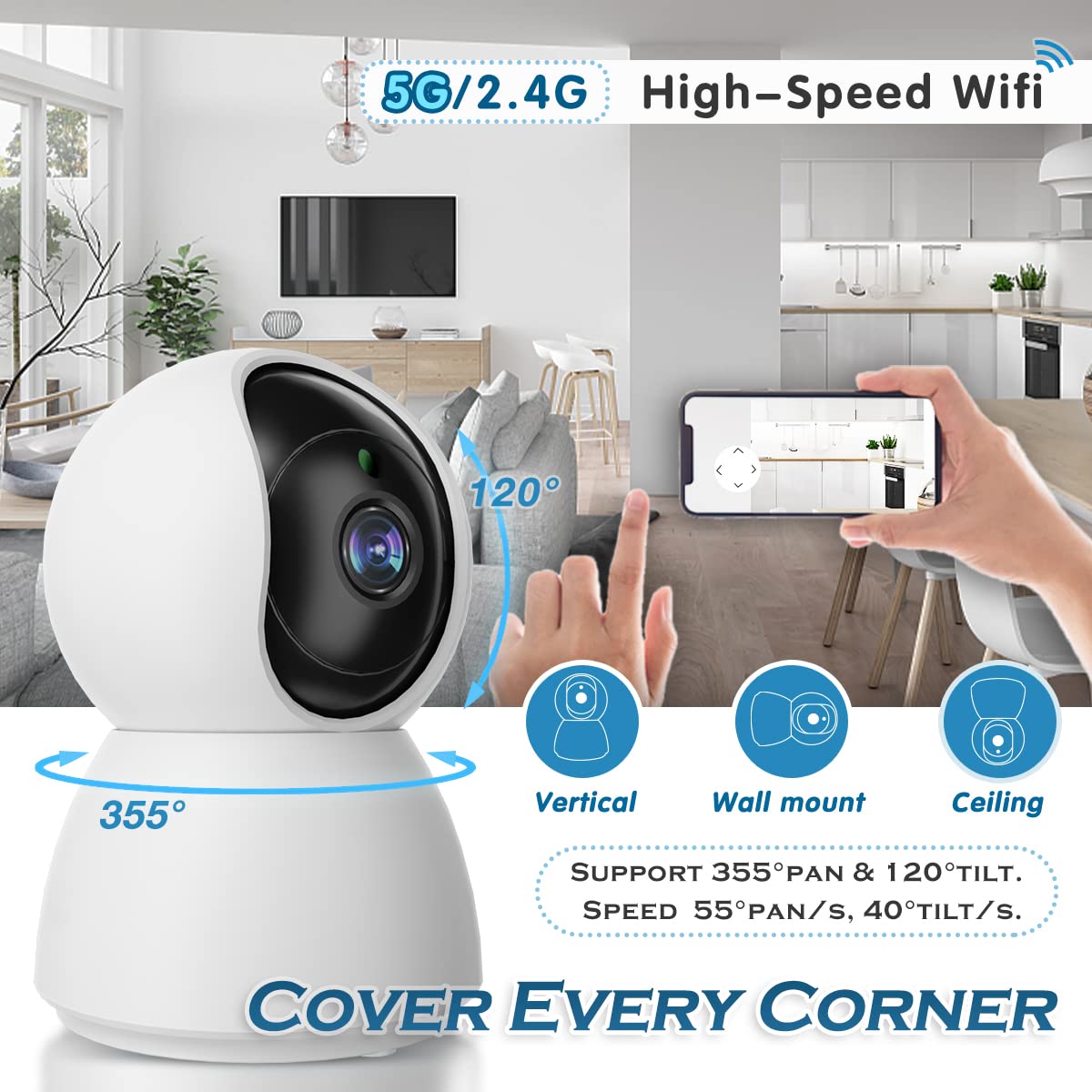 4MP Indoor Camera, 2K Security Camera for Baby Monitor, 360° PTZ Wireless Cameras for Home Security, 5G & 2.4G WiFi Pet Camera with Phone App, Night Vision Motion Detection Siren Works with Alexa