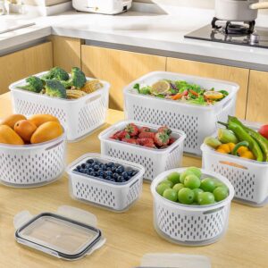 4 PCS Fruit Storage Containers for Fridge with Removable Colander, Airtight Food Storage Container, Dishwasher Safe Produce Saver Container for Refrigerator, Keep Berry Fruit Vegetable Fresh Longer