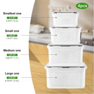 4 PCS Fruit Storage Containers for Fridge with Removable Colander, Airtight Food Storage Container, Dishwasher Safe Produce Saver Container for Refrigerator, Keep Berry Fruit Vegetable Fresh Longer