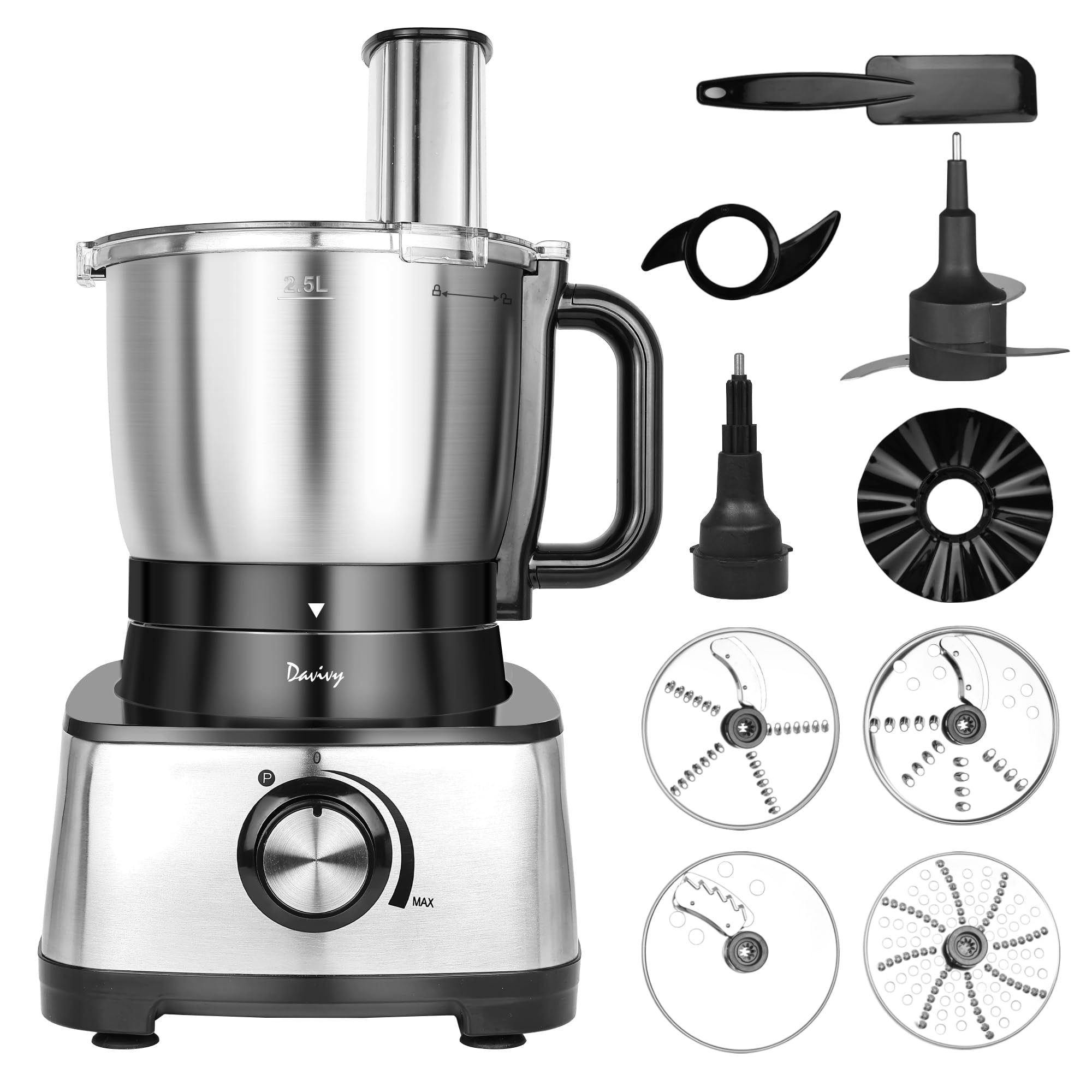 Davivy Food Processor 12 Cup,Stainless Steel Bowl Food Processor,6 Blades 9 Functions Vegetable Chopper for Home Use,Stepless Variable Control,Black,600W (12-Cup Stainless Steel Bowl)