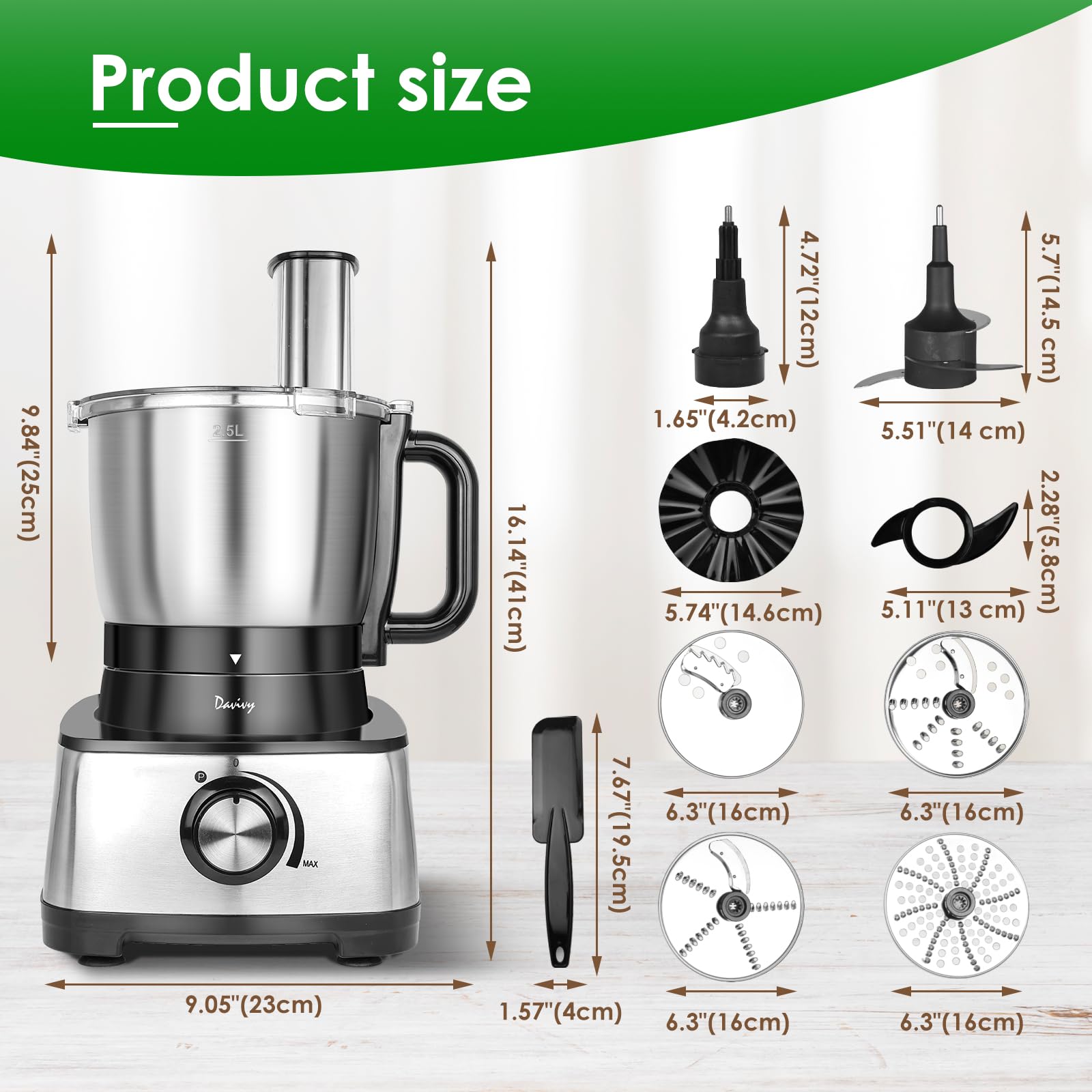 Davivy Food Processor 12 Cup,Stainless Steel Bowl Food Processor,6 Blades 9 Functions Vegetable Chopper for Home Use,Stepless Variable Control,Black,600W (12-Cup Stainless Steel Bowl)