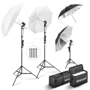 neewer 600w photography lighting kit, incandescent equivalent studio kit with (2)white umbrella, (2)black umbrella, (3)24w led bulb, (3)light stand, (2)bag, (5)cable tie, (3)e26 socket base, nk500