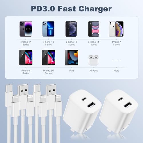 iPhone 14 13 Foldable Dual Port Fast Charger, 2Pack 20W Charger Block with 4Pack 6FT Lightning Cable for iPhone 14 13 12 11 Pro Max/iPad/AirPods