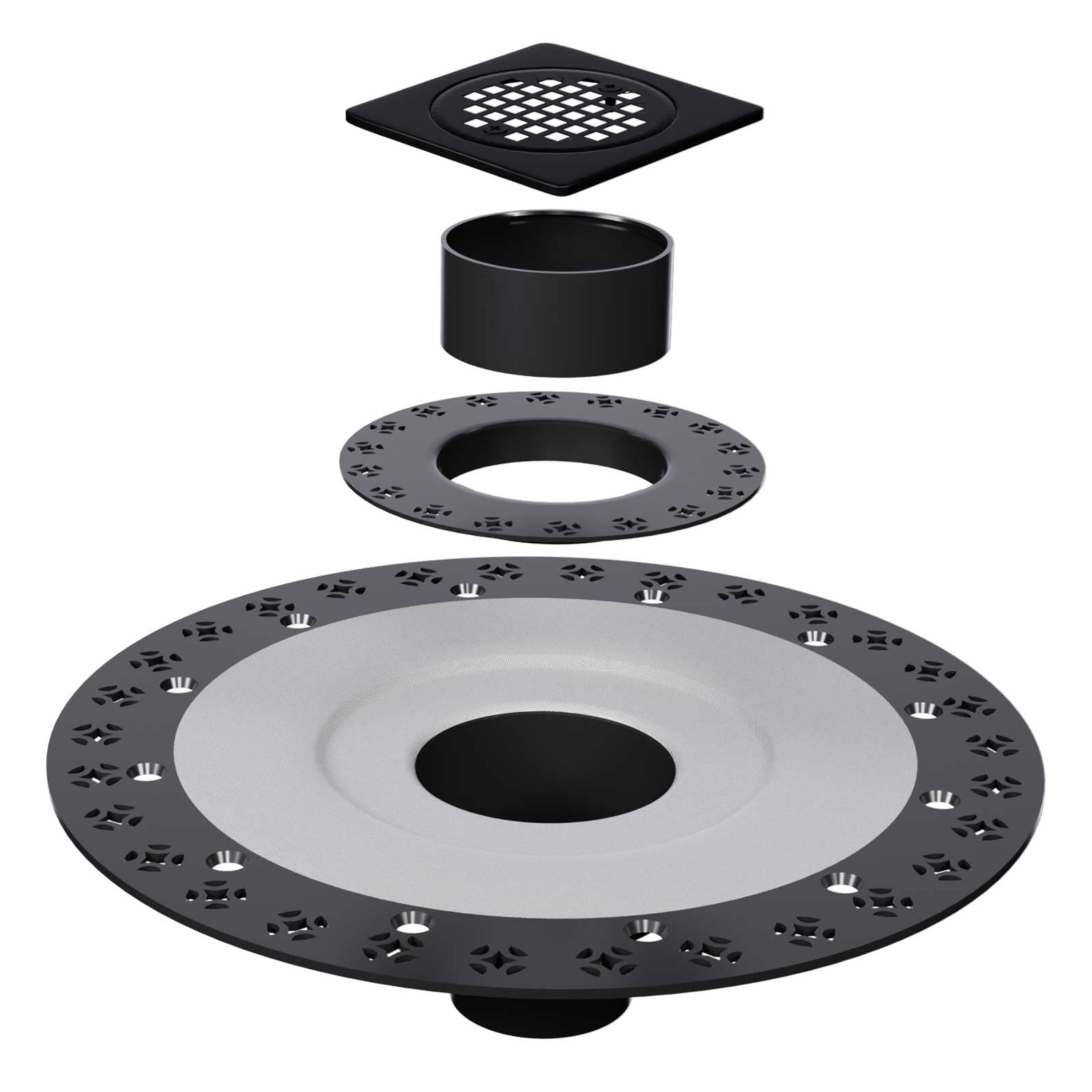 Fibetter Shower Drain Kit 4 Inch Stainless Steel Grate with Vertical 2 Inch ABS Flange for Schluter Systems Kerdi Drain - Matte Black