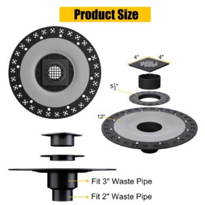 Fibetter Shower Drain Kit 4 Inch Stainless Steel Grate with Vertical 2 Inch ABS Flange for Schluter Systems Kerdi Drain - Matte Black