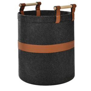 large felt storage basket with wood handles perfect for laundry, toys, shoes, nursery, firewood and living room organization (round-1pcs)