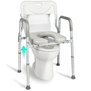 4-in-1 raised toilet seat with handles and backrest, bedside commode chair with 5l collapsible bucket, 330lbs stand alone raised toilet seat, toilet safety frame for elderly, pregnant, disabled