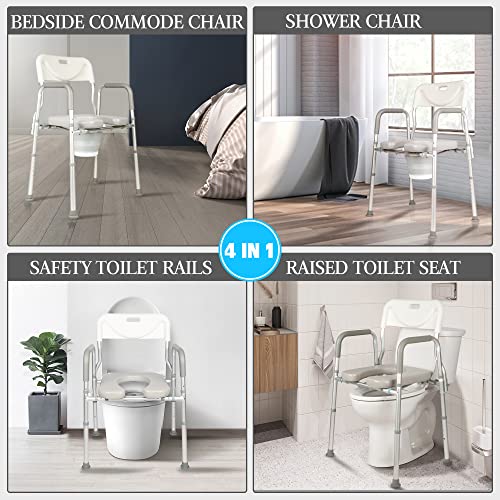 4-in-1 Raised Toilet Seat with Handles and Backrest, Bedside Commode Chair with 5L Collapsible Bucket, 330lbs Stand Alone Raised Toilet Seat, Toilet Safety Frame for Elderly, Pregnant, Disabled