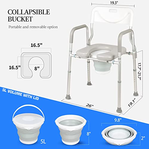 4-in-1 Raised Toilet Seat with Handles and Backrest, Bedside Commode Chair with 5L Collapsible Bucket, 330lbs Stand Alone Raised Toilet Seat, Toilet Safety Frame for Elderly, Pregnant, Disabled