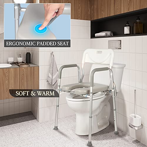 4-in-1 Raised Toilet Seat with Handles and Backrest, Bedside Commode Chair with 5L Collapsible Bucket, 330lbs Stand Alone Raised Toilet Seat, Toilet Safety Frame for Elderly, Pregnant, Disabled