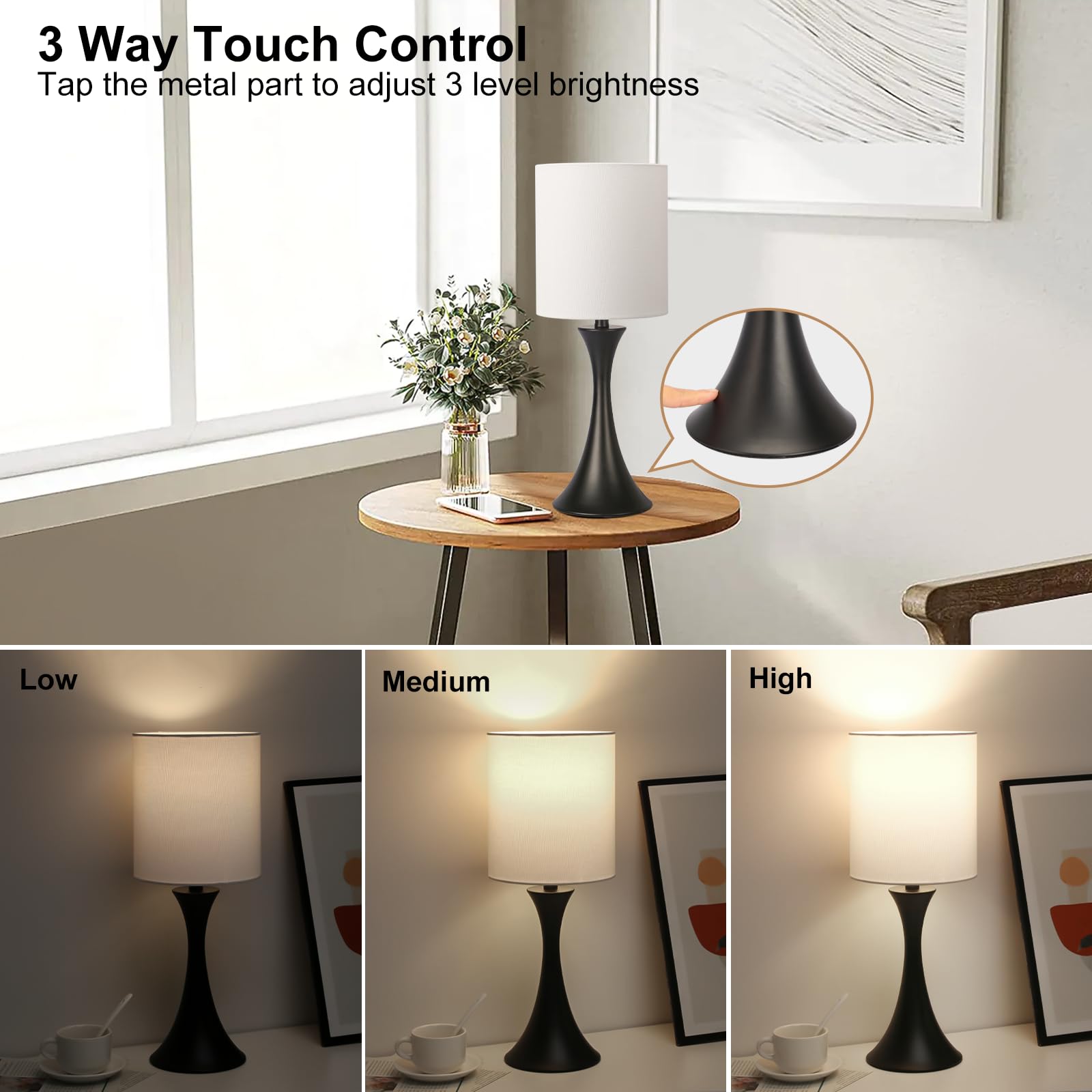 3-Way Dimmable Table Lamp, Touch Control Nightstand Lamp with Ocean Style Fabric Lampshade, Silver Modern Bedside Lamp for Bedrooms Living Room Children Room Nursery Play Room, LED Bulb Included