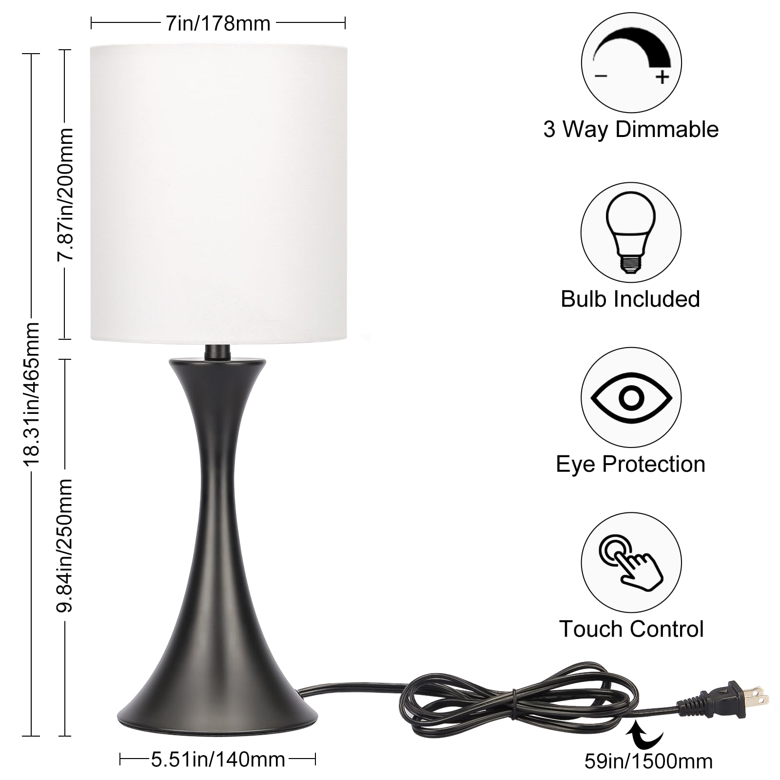 3-Way Dimmable Table Lamp, Touch Control Nightstand Lamp with Ocean Style Fabric Lampshade, Silver Modern Bedside Lamp for Bedrooms Living Room Children Room Nursery Play Room, LED Bulb Included