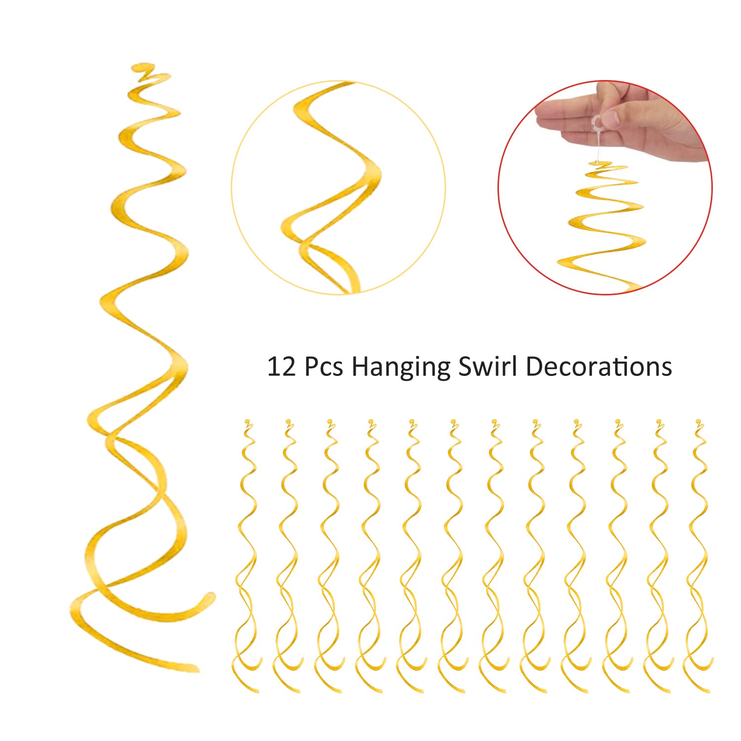 12 Pieces Hanging Swirl Decorations Plastic Streamer Party Swirl Spiral Decorations for Ceiling, Wedding Baby Shower Birthday Party Supply (Gold)