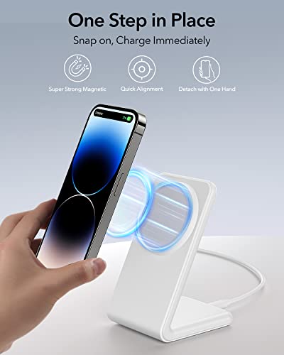 Meifigno Magnetic Wireless Charger for iPhone 15/14/13/12 Series, Fast Charging with PD3.0 20W USB-C Adapter & Charging Cable MagSafe Charger Stand for iPhone 15 14 13 12 Pro Max Plus Mini, White