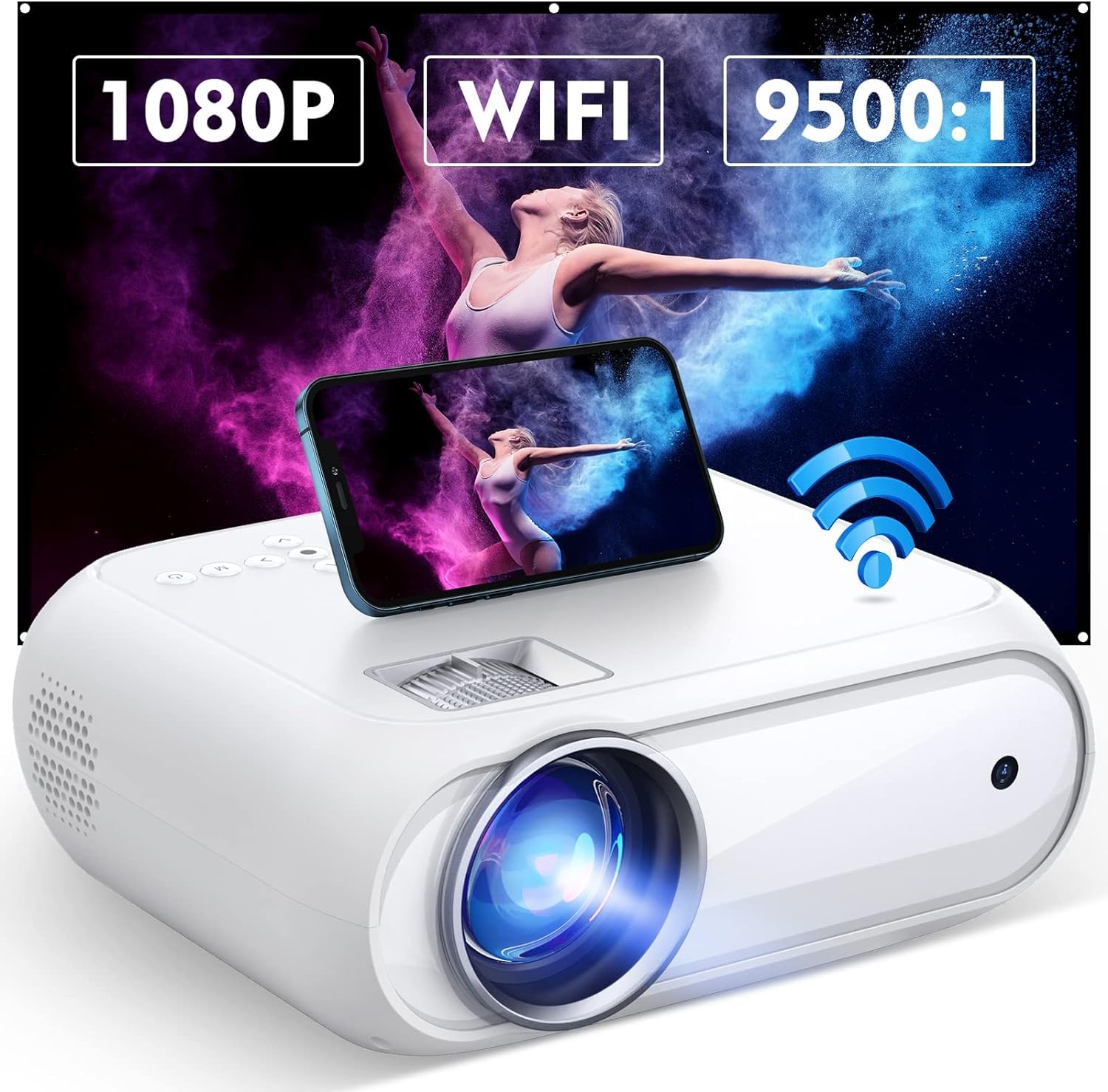 Mini Projector for iPhone, 1080P DVD Projector with Bluetooth and 120 inches Screen, Portable Video Projector for Outdoor Family Movie Night Compatible Phone/HD/Stick/USB,Built in DVD Player Projector