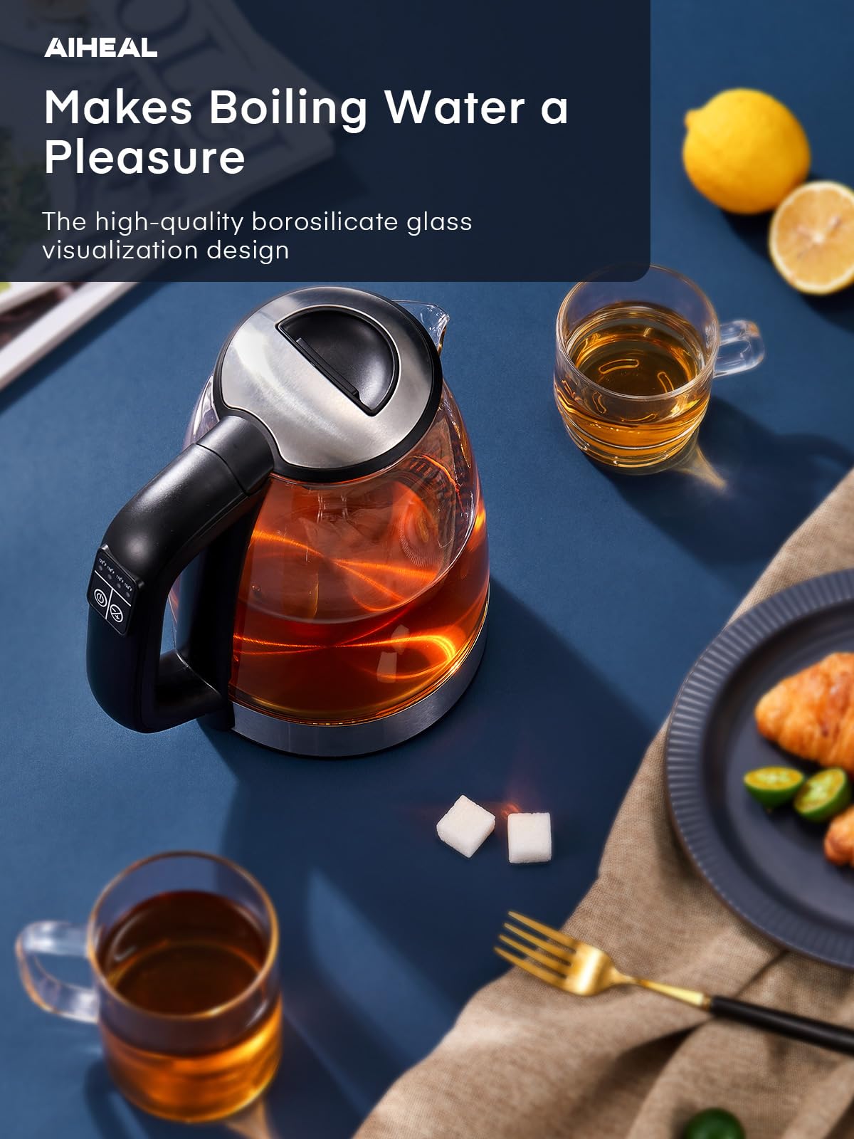 Electric Kettle, Aiheal Glass Kettle Temperature Control With 5 Colors LED Lights Variable, Keep Warm, Fast Boiling Electric Kettle, Stainless Steel Inner Lid & Bottom, 1.7L