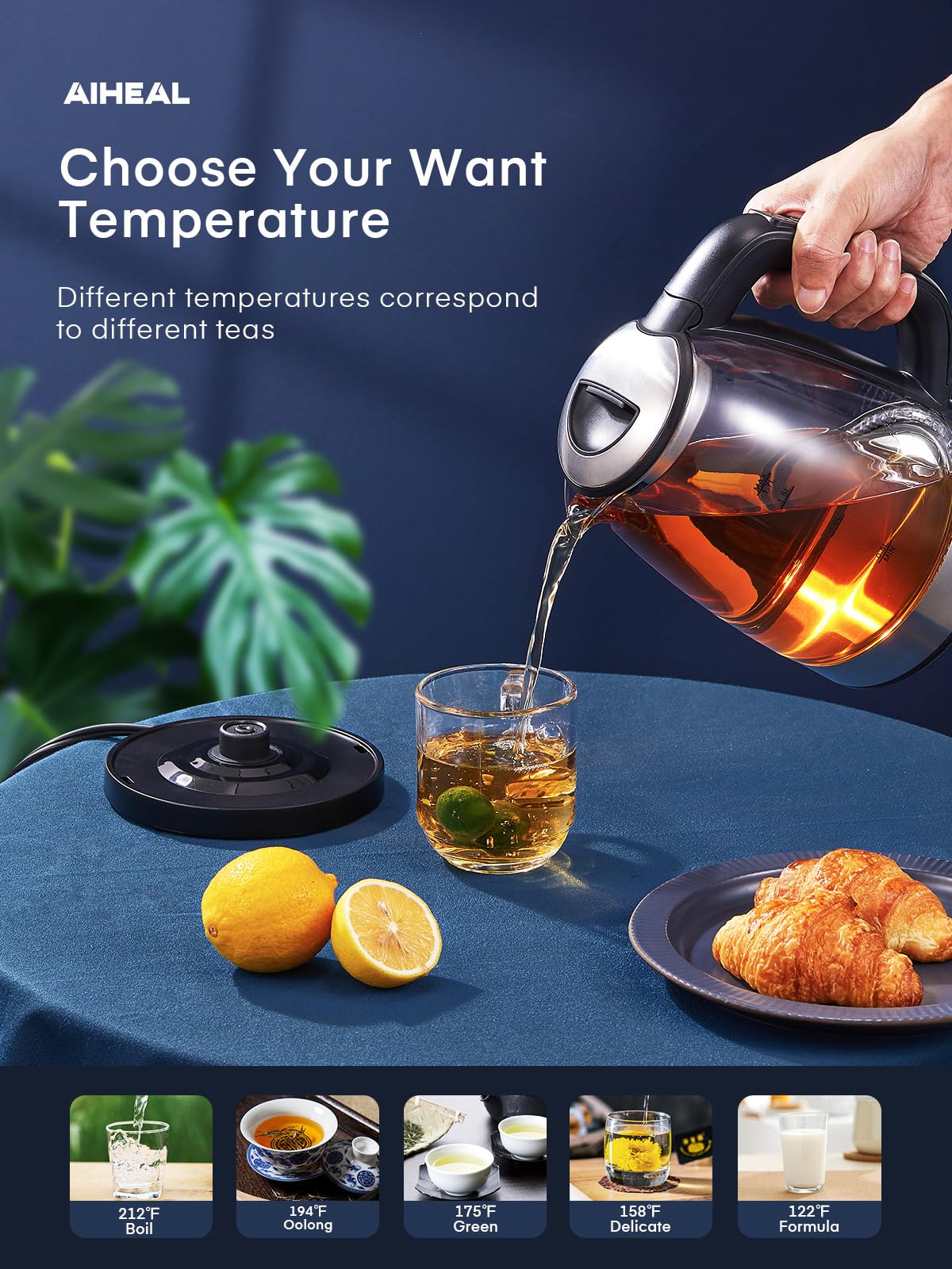 Electric Kettle, Aiheal Glass Kettle Temperature Control With 5 Colors LED Lights Variable, Keep Warm, Fast Boiling Electric Kettle, Stainless Steel Inner Lid & Bottom, 1.7L