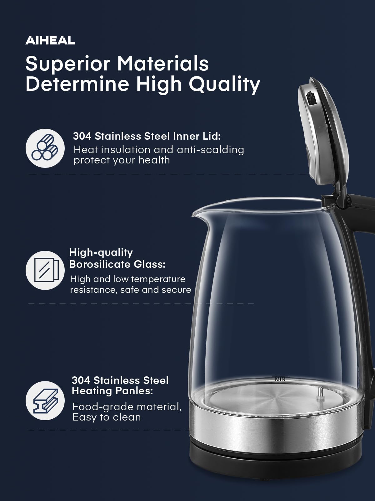 Electric Kettle, Aiheal Glass Kettle Temperature Control With 5 Colors LED Lights Variable, Keep Warm, Fast Boiling Electric Kettle, Stainless Steel Inner Lid & Bottom, 1.7L