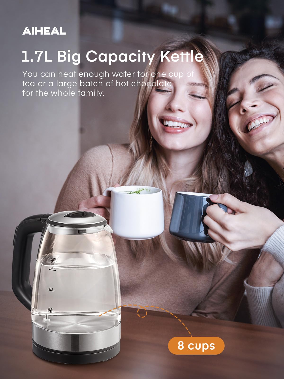 Electric Kettle, Aiheal Glass Kettle Temperature Control With 5 Colors LED Lights Variable, Keep Warm, Fast Boiling Electric Kettle, Stainless Steel Inner Lid & Bottom, 1.7L