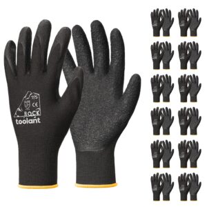 toolant work gloves men, 12 pairs crinkle latex rubber gloves for construction, gardening, warehouse (black, large)