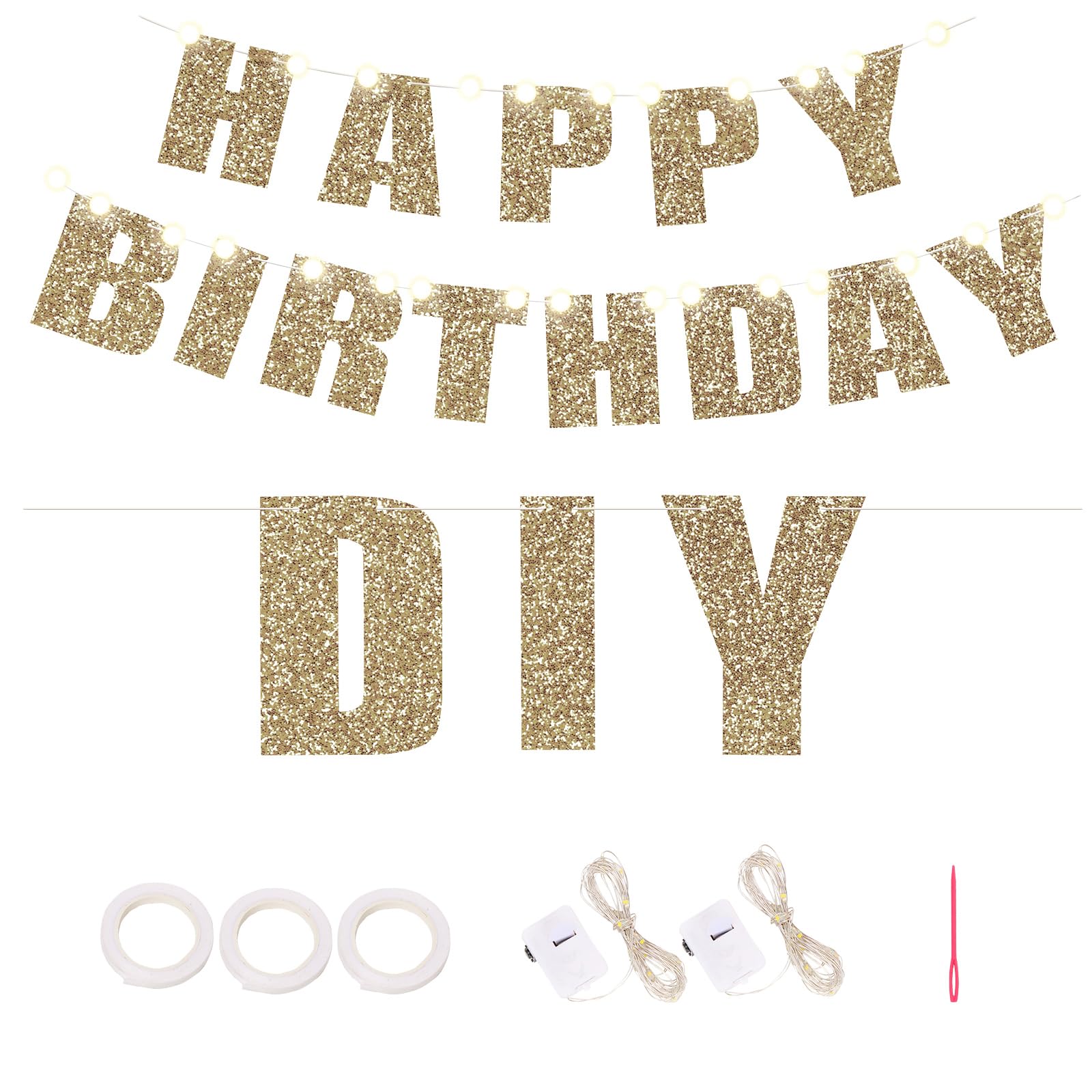 RUBFAC 72pcs DIY Happy Birthday Letters Banner Kit, Glitter Customizable Banner Kit Including 67 Letters and Numbers 3 Rope and 2 Lights, Personalized Banner Wall Decor for Birthday Party