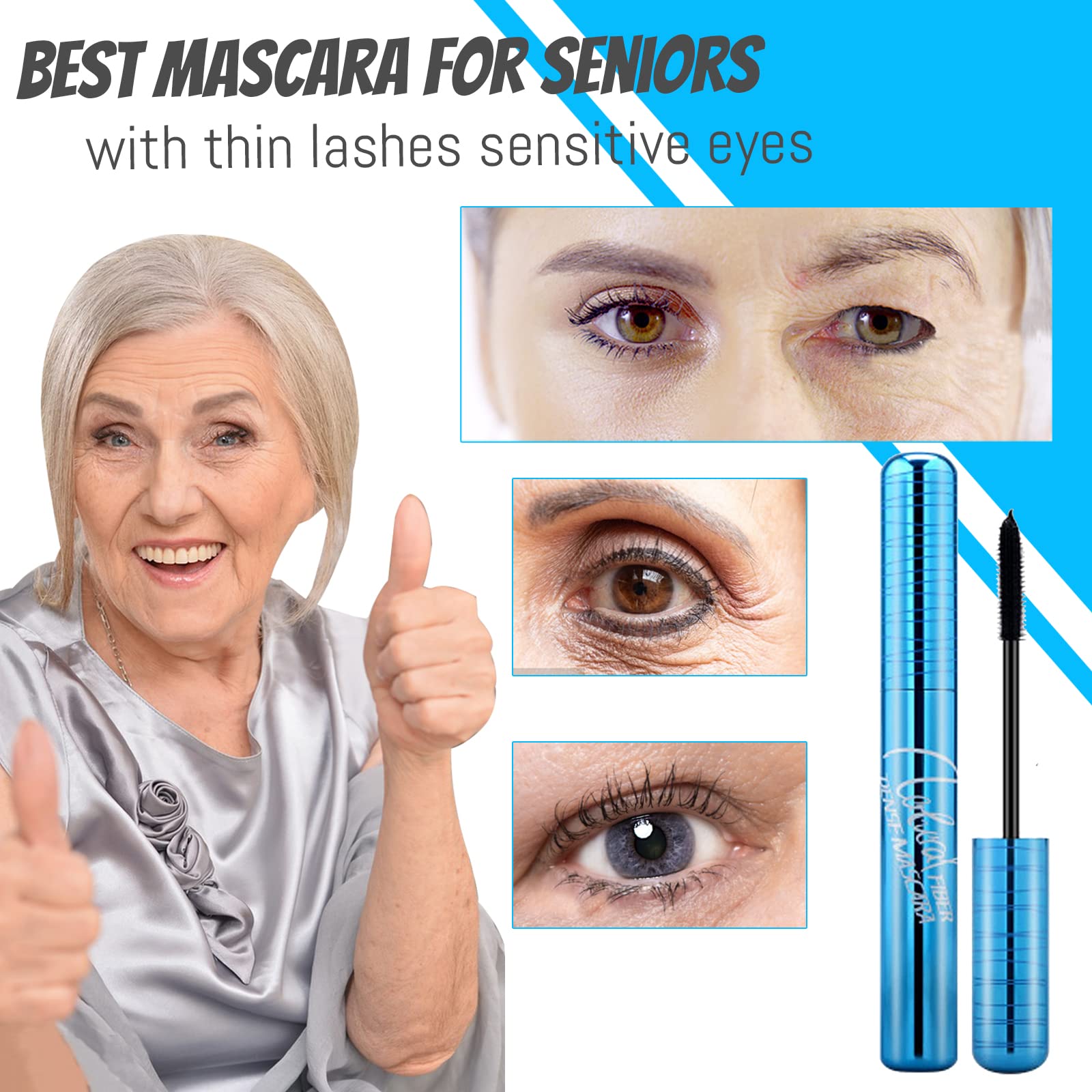 Mascara for Older Women 60 Plus, Mascara for Seniors with Thinning Lashes, Hypoallergenic Mascara Sensitive Eyes, Mascara Black Volume and Length, Black Mascara Waterproof Smudge Proof, Black (1pc)