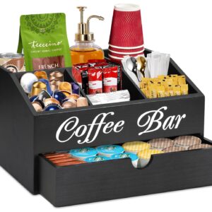 Coffee Bar Organizer Countertop, Wooden Coffee Bar Accessories Organizer With Drawer, Coffee Station Organizer Coffee Pods Holder Storage Basket, Farmhouse Coffee and Tea Condiment Organizer Station