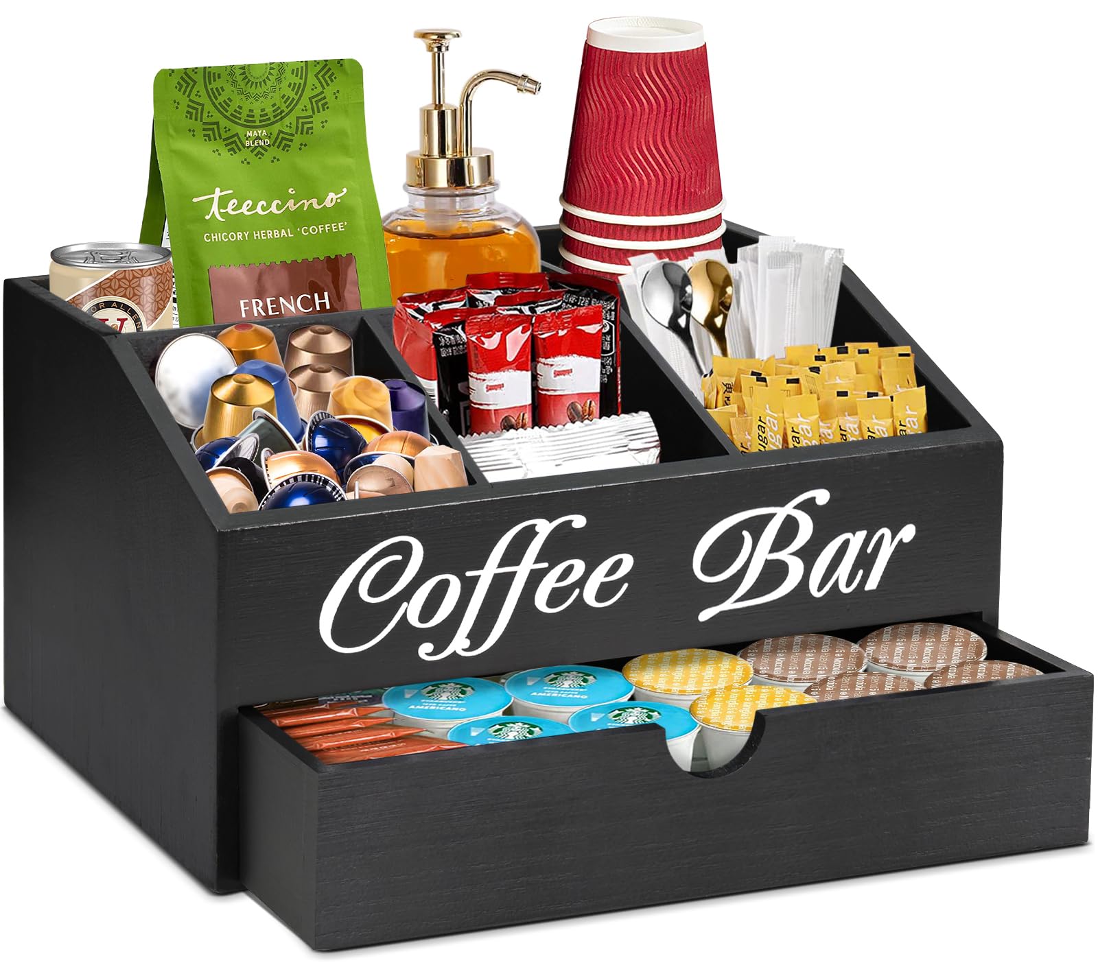 Coffee Bar Organizer Countertop, Wooden Coffee Bar Accessories Organizer With Drawer, Coffee Station Organizer Coffee Pods Holder Storage Basket, Farmhouse Coffee and Tea Condiment Organizer Station