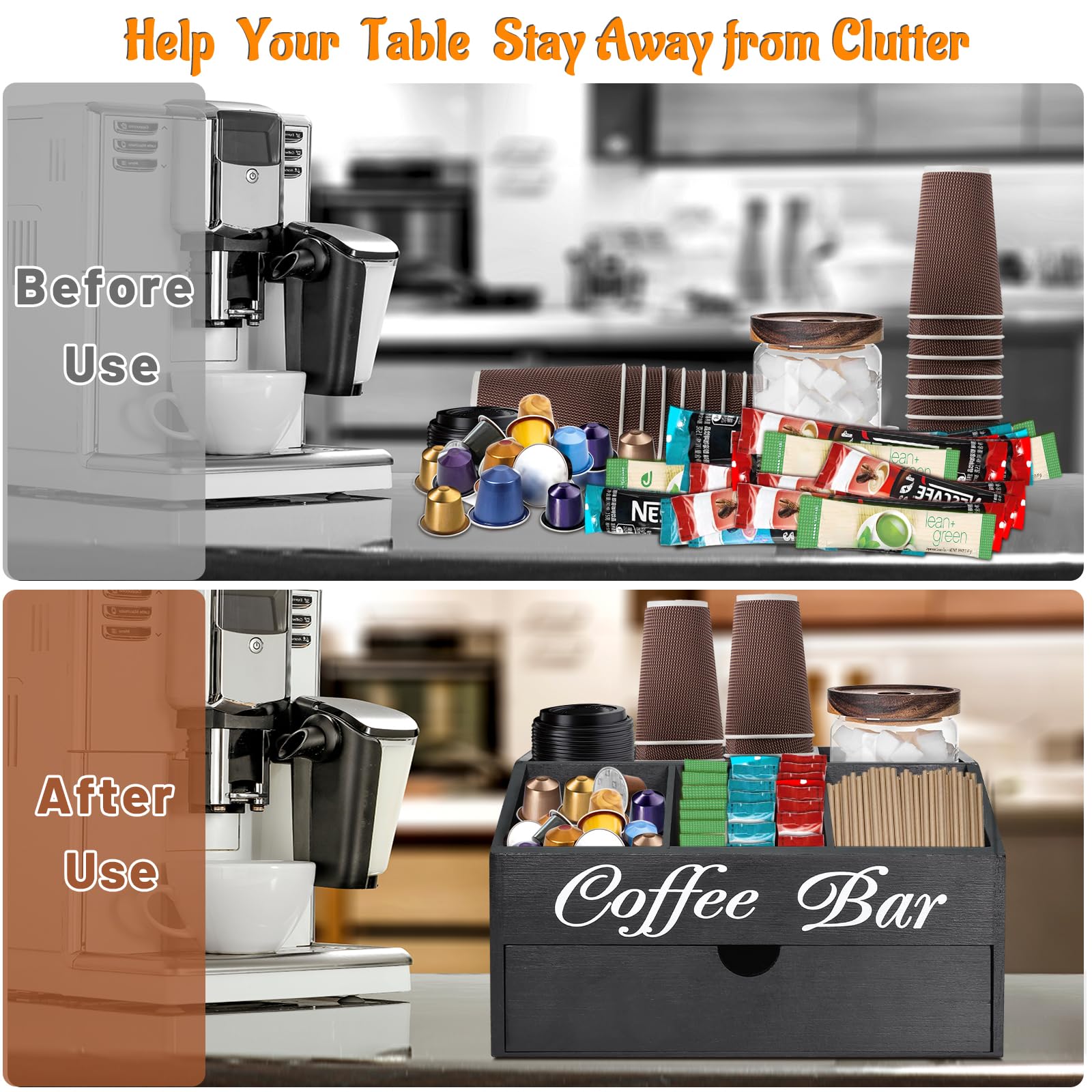 Coffee Bar Organizer Countertop, Wooden Coffee Bar Accessories Organizer With Drawer, Coffee Station Organizer Coffee Pods Holder Storage Basket, Farmhouse Coffee and Tea Condiment Organizer Station