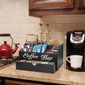 Coffee Bar Organizer Countertop, Wooden Coffee Bar Accessories Organizer With Drawer, Coffee Station Organizer Coffee Pods Holder Storage Basket, Farmhouse Coffee and Tea Condiment Organizer Station