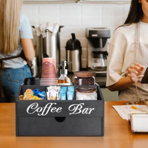 Coffee Bar Organizer Countertop, Wooden Coffee Bar Accessories Organizer With Drawer, Coffee Station Organizer Coffee Pods Holder Storage Basket, Farmhouse Coffee and Tea Condiment Organizer Station