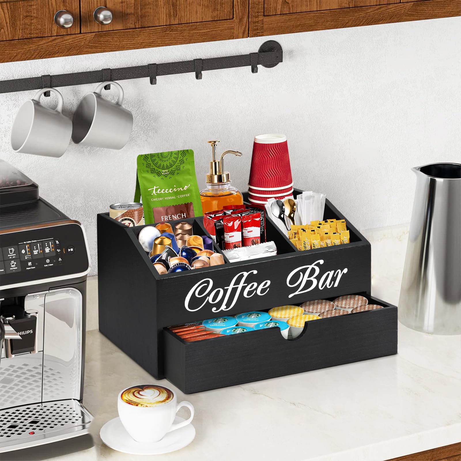 Coffee Bar Organizer Countertop, Wooden Coffee Bar Accessories Organizer With Drawer, Coffee Station Organizer Coffee Pods Holder Storage Basket, Farmhouse Coffee and Tea Condiment Organizer Station