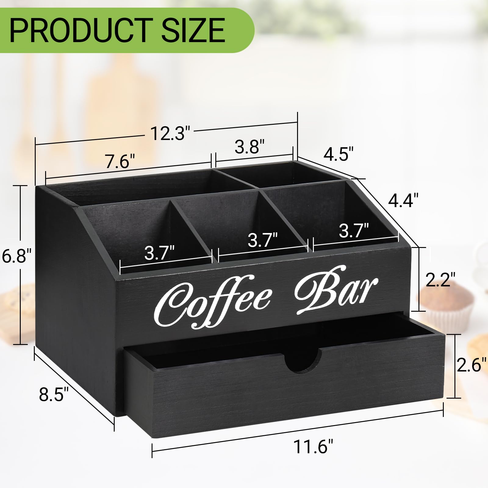 Coffee Bar Organizer Countertop, Wooden Coffee Bar Accessories Organizer With Drawer, Coffee Station Organizer Coffee Pods Holder Storage Basket, Farmhouse Coffee and Tea Condiment Organizer Station