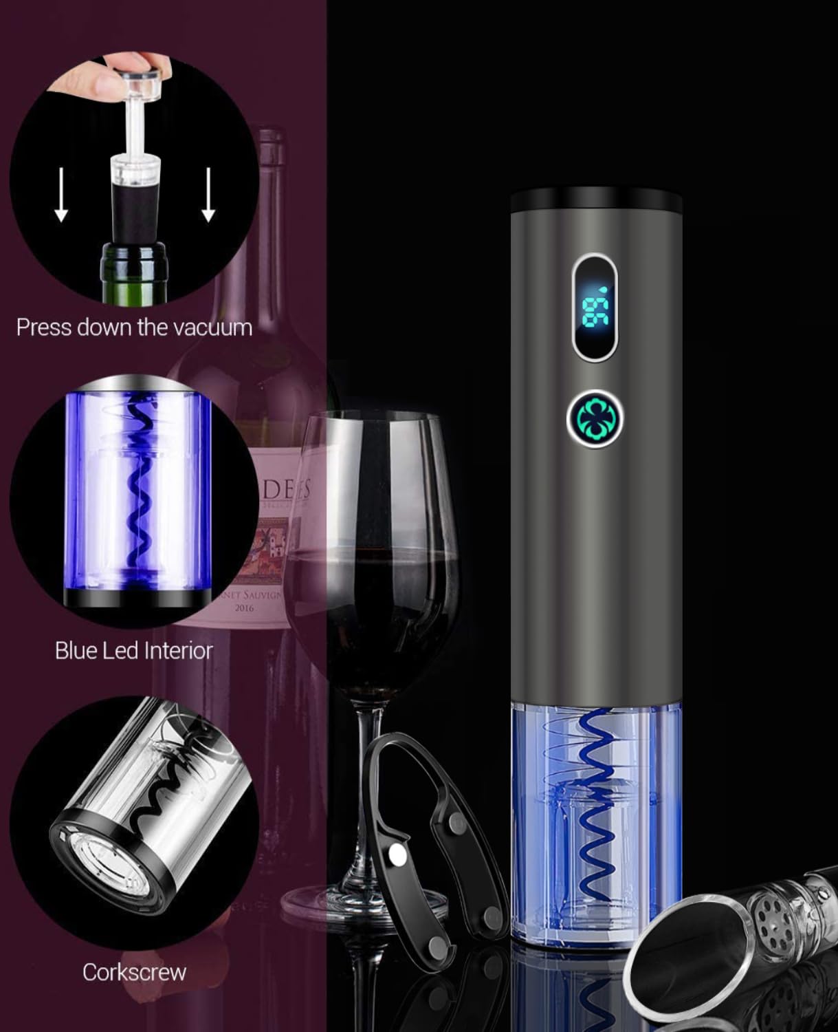 Electric Wine Opener, Higfra Wine Gift Set with Wine Aerator Pourer Vacuum Stoppers and Foil Cutter 4-in-1 Electric Bottle Opener for Home Party Bar Outdoor Wine Lover Christmas Gift-Base Not Included