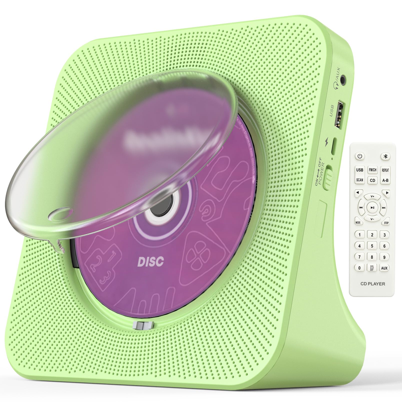 Portable CD Player for Home, Desktop CD Player with Speakers Stereo, Bluetooth, FM Radio, Remote Control, USB and AUX Port, Desktop Vertical Stand, Wired, Green, Gift