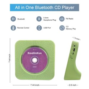 Portable CD Player for Home, Desktop CD Player with Speakers Stereo, Bluetooth, FM Radio, Remote Control, USB and AUX Port, Desktop Vertical Stand, Wired, Green, Gift