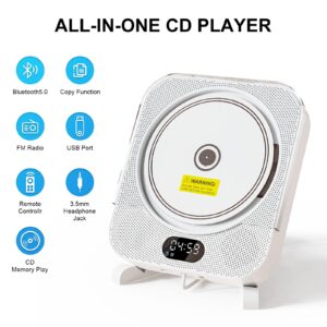 CD Player Kpop Wired with Bluetooth Speakers,Wall/Desk CD Players for Home,Stereo Music Player for Kids/Seniors with Boombox,FM Radio with Remote Control,Support LED/Copy/Alarm Clock/USB/TF/AUX-White