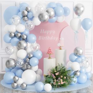 baby blue balloons arch kit-blue balloon garland baby blue balloon arch kit white metallic silver confetti balloons for boys,baby shower, birthday, anniversary party supplies