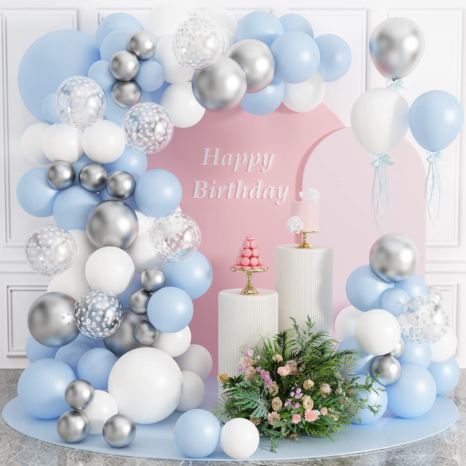 Baby Blue Balloons Arch Kit-Blue Balloon Garland Baby Blue Balloon Arch Kit White Metallic Silver Confetti Balloons for Boys,Baby Shower, Birthday, Anniversary Party Supplies