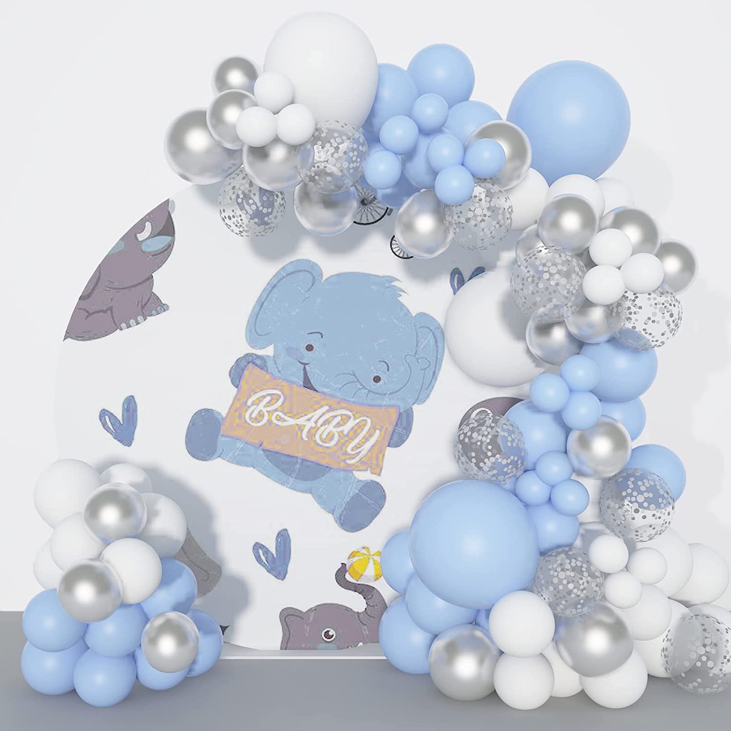 Baby Blue Balloons Arch Kit-Blue Balloon Garland Baby Blue Balloon Arch Kit White Metallic Silver Confetti Balloons for Boys,Baby Shower, Birthday, Anniversary Party Supplies