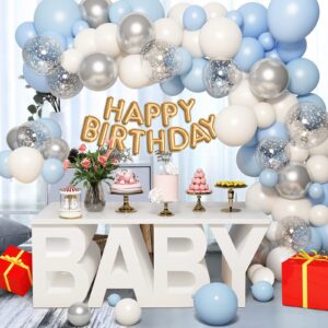 Baby Blue Balloons Arch Kit-Blue Balloon Garland Baby Blue Balloon Arch Kit White Metallic Silver Confetti Balloons for Boys,Baby Shower, Birthday, Anniversary Party Supplies