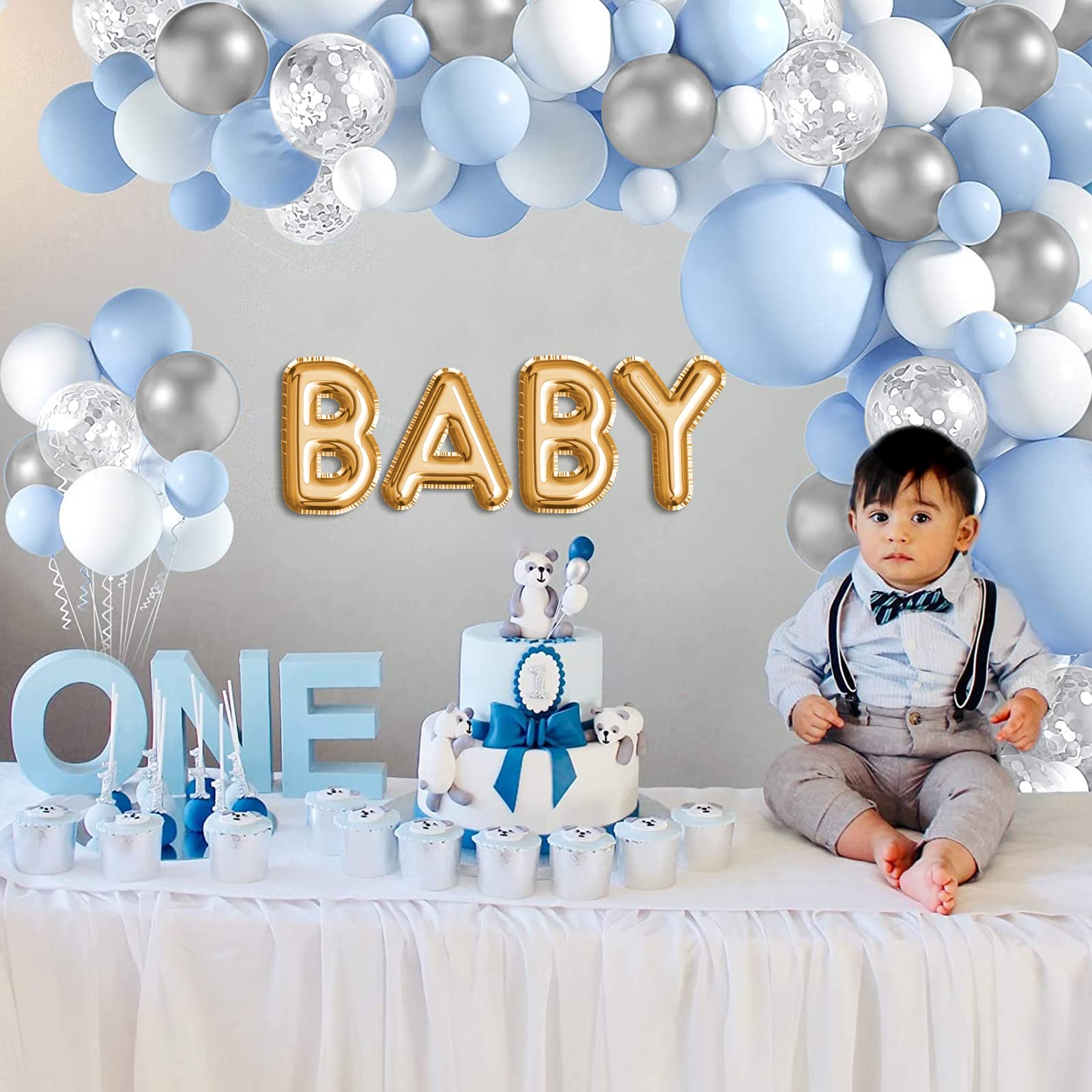 Baby Blue Balloons Arch Kit-Blue Balloon Garland Baby Blue Balloon Arch Kit White Metallic Silver Confetti Balloons for Boys,Baby Shower, Birthday, Anniversary Party Supplies