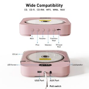 Kpop Pink CD Player Desktop/Wall,Wired Cute CD Music Player Gift for Kids with Bluetooth Speakers,CD Players for Home with Remote Control with LED Support Copy/FM Radio/Alarm Clock/CD/USB/TF/AUX