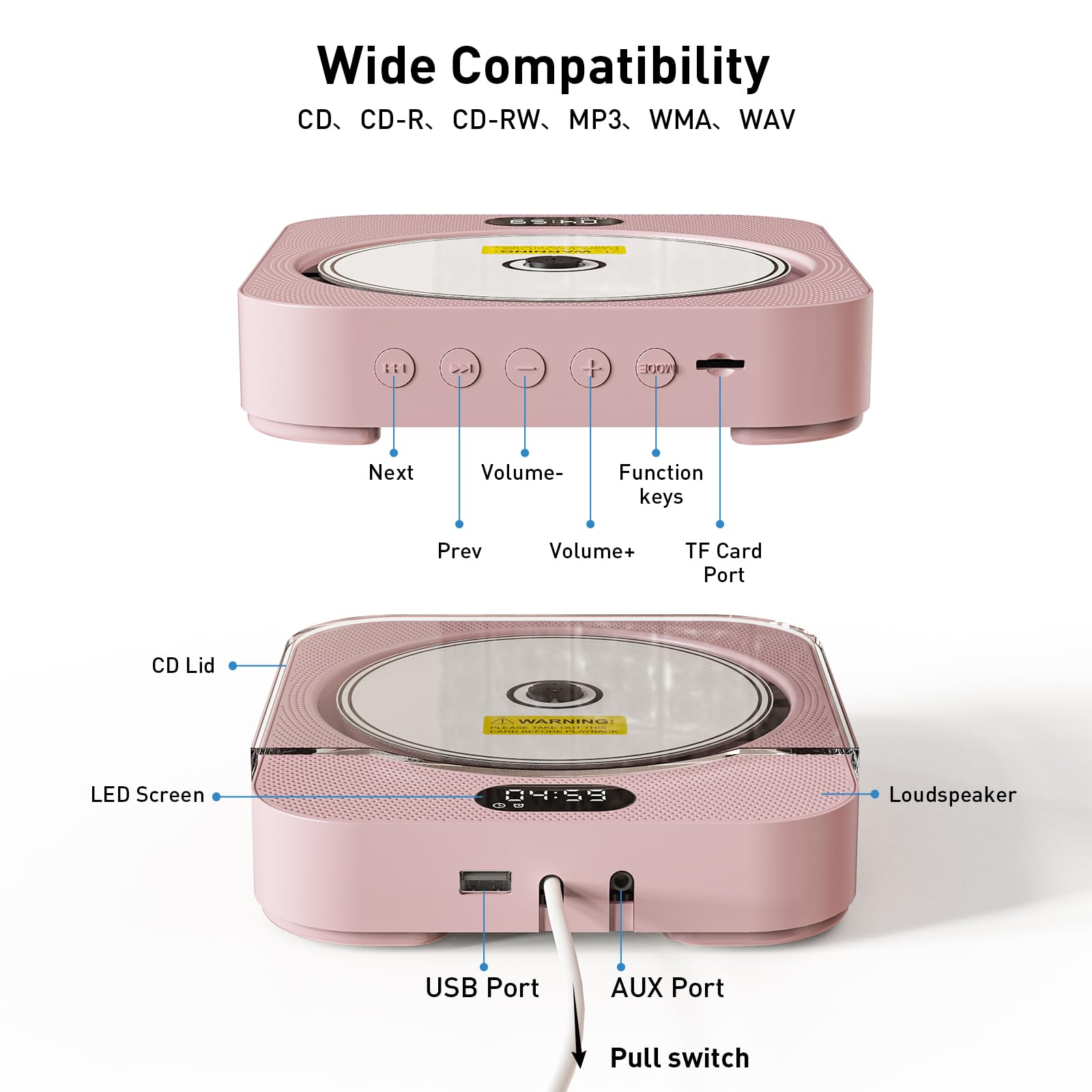 Kpop Pink CD Player Desktop/Wall,Wired Cute CD Music Player Gift for Kids with Bluetooth Speakers,CD Players for Home with Remote Control with LED Support Copy/FM Radio/Alarm Clock/CD/USB/TF/AUX