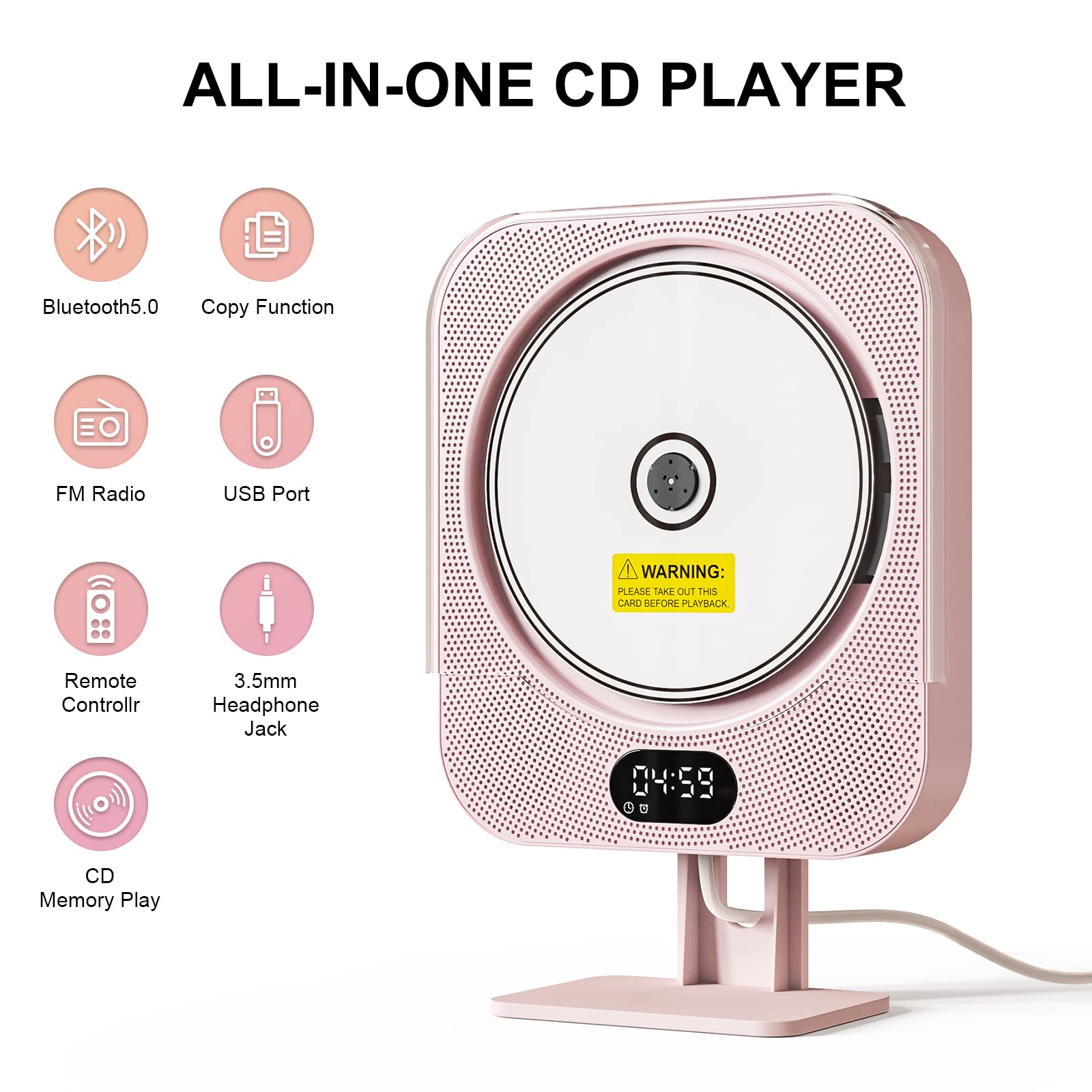 Kpop Pink CD Player Desktop/Wall,Wired Cute CD Music Player Gift for Kids with Bluetooth Speakers,CD Players for Home with Remote Control with LED Support Copy/FM Radio/Alarm Clock/CD/USB/TF/AUX