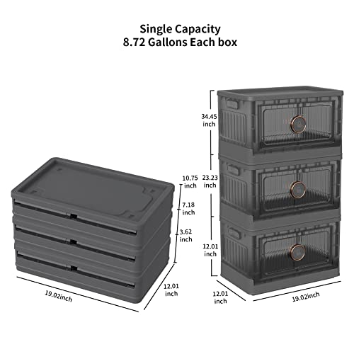 Btalani Collapsible Storage Bins with Lids, Stackable Storage Box with Wheels & Doors, Rotating to Lock & Unlock, 8.72 Gal Plastic Storage Bins for Home and Outdoor, 3-Pack, Grey