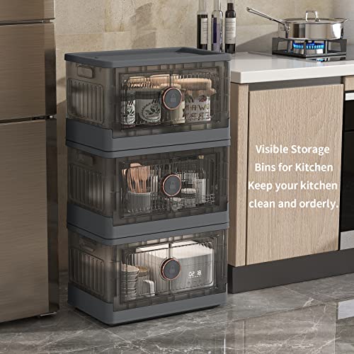 Btalani Collapsible Storage Bins with Lids, Stackable Storage Box with Wheels & Doors, Rotating to Lock & Unlock, 8.72 Gal Plastic Storage Bins for Home and Outdoor, 3-Pack, Grey